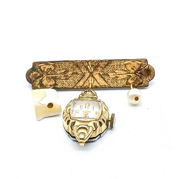 Antique Etched Bar Brooch with Dangling Charms, Gold Tone with Faux Pearl Drop - Picture 2 of 4